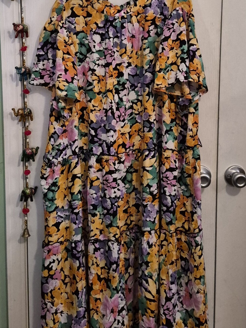 Size 3x Vibrant Floral Tiered Dress - Yellow, Purple, Pink, Green - Picture 3 of 4